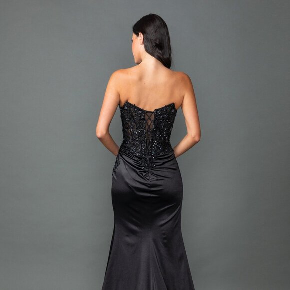 New Rhinestones Embellished Satin Ceremonial Dress w/ Sequins & Leg Slit DQ 4555 - Picture 6 of 8